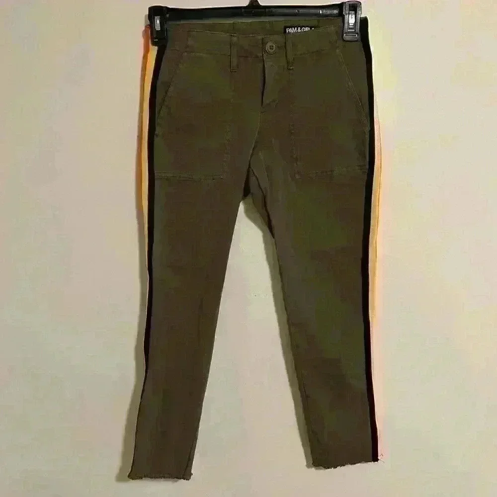 Pam And Gela Military Uniform Side Stripe Step Hem Jean Pants Size 26 Olive